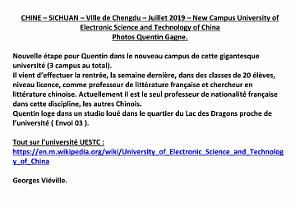 2019 09  QUENTIN EN CHINE-SICHUAN-CHENGDU - UNIVERSITE SCIENCE ELECTRONIQUE